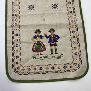 West Germany Folk Table Runner Cotton Linen Dirndl Couple Vtg Green Tan Floral